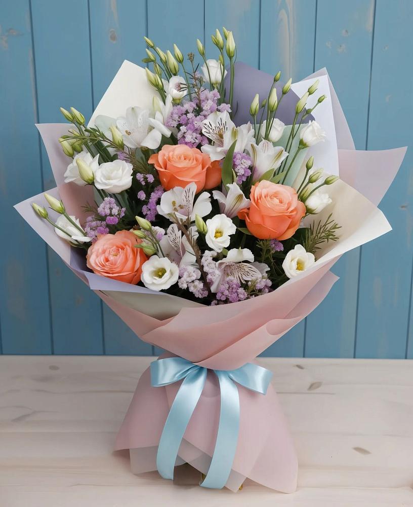Букет цветов из: Лизиантусы, Розы, Альстромерии и Гипсофила в Энгельсе