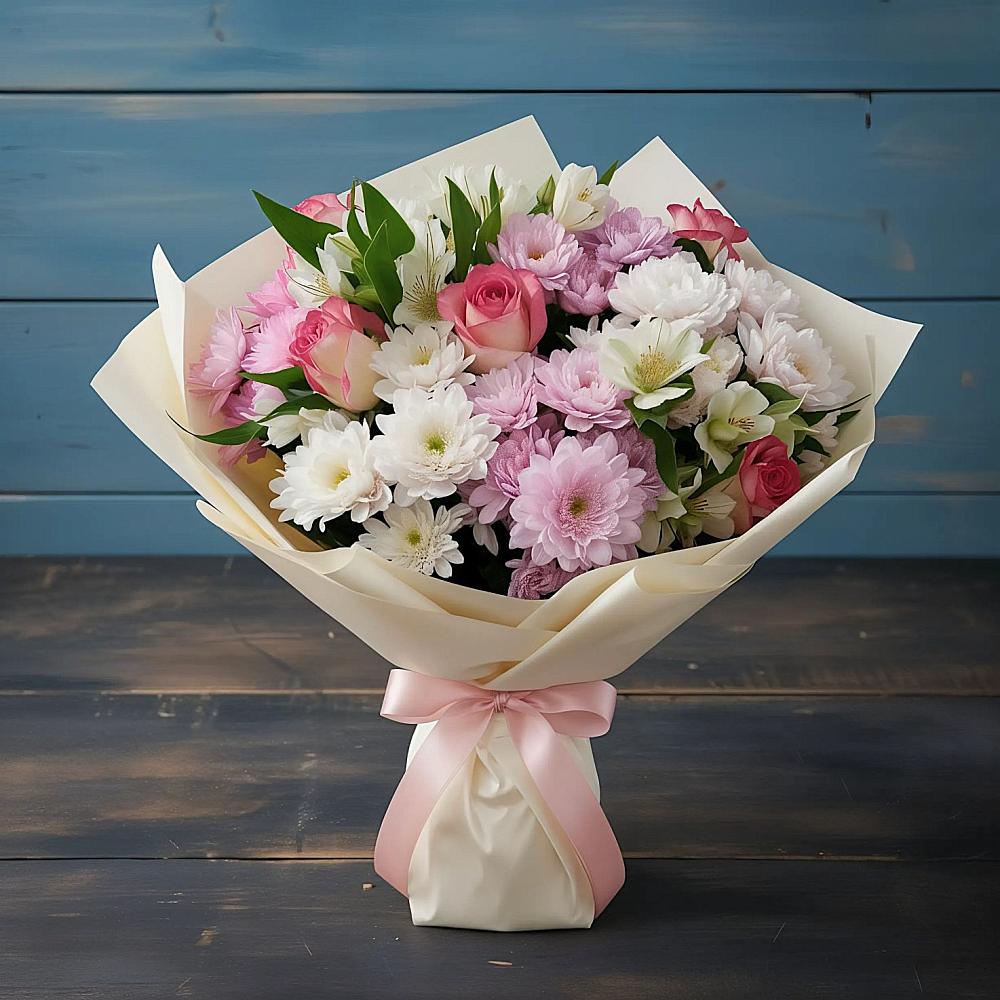 Букет цветов из: Хризантемы, Альстромерии и Розы в Энгельсе